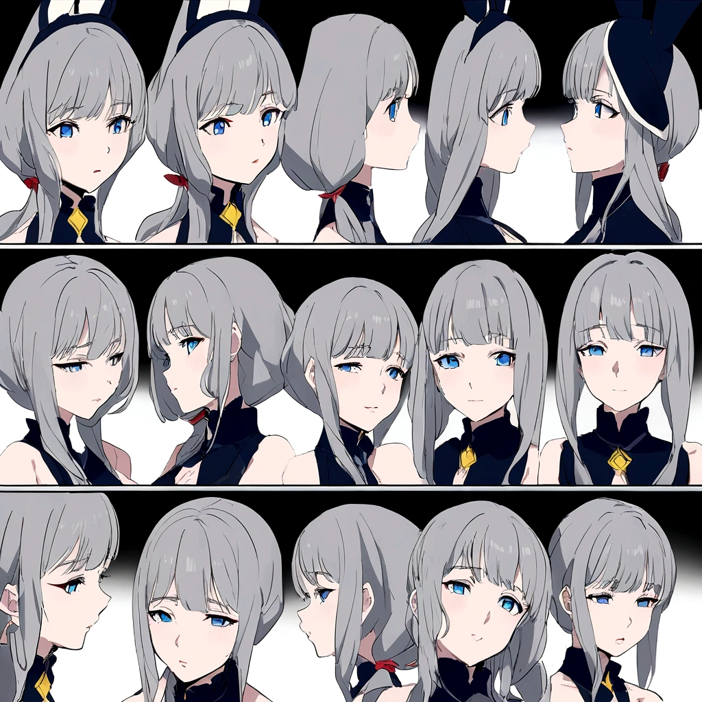 Anime style,Character Sheet,(masterpiece, 8k, highest quality, Very detailed, 1 mature japanese woman), (Consistent personality, same characters), (Gray Hair, blue eyes), (Very detailed顔と肌の質感, fine grain), Slender figure,Small breasts,(Bunny Girl Costume), White Background, Multiple facial expressions,(Multiple Views, Multiple Angles), Side view, Front view, look up, Looking down, Rear View, 20-degree head view,Plain background,Beautiful background