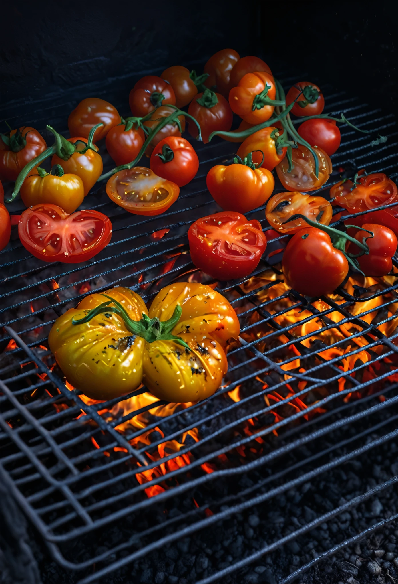 ((Campfire, peppers and tomatoes in the oven, no grill,)) campsite, forest, Miki Asai Macro photography, close-up, hyper detailed, trending on artstation, sharp focus, studio photography, intricate details, highly detailed, by greg rutkowski