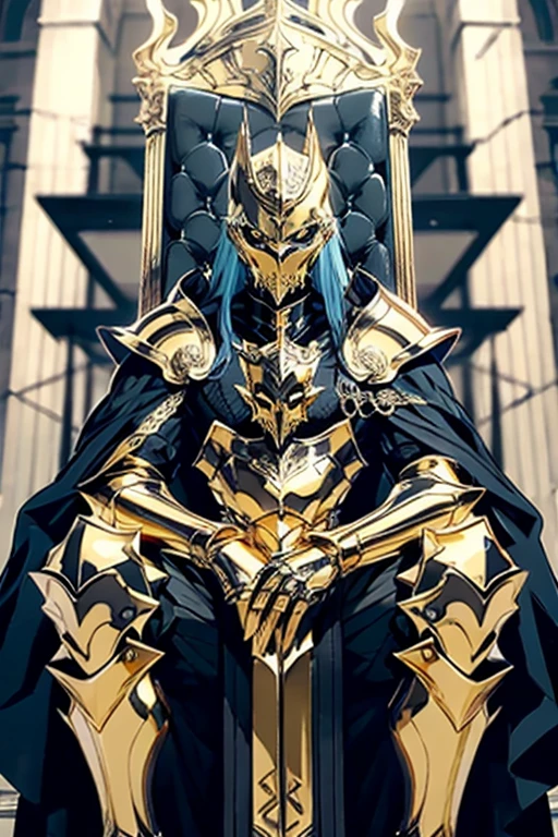 make a golden knight with death mask, he is in the hall, sitting on a throne, looking menacingly with a relaxed pose ((taking the whole body))