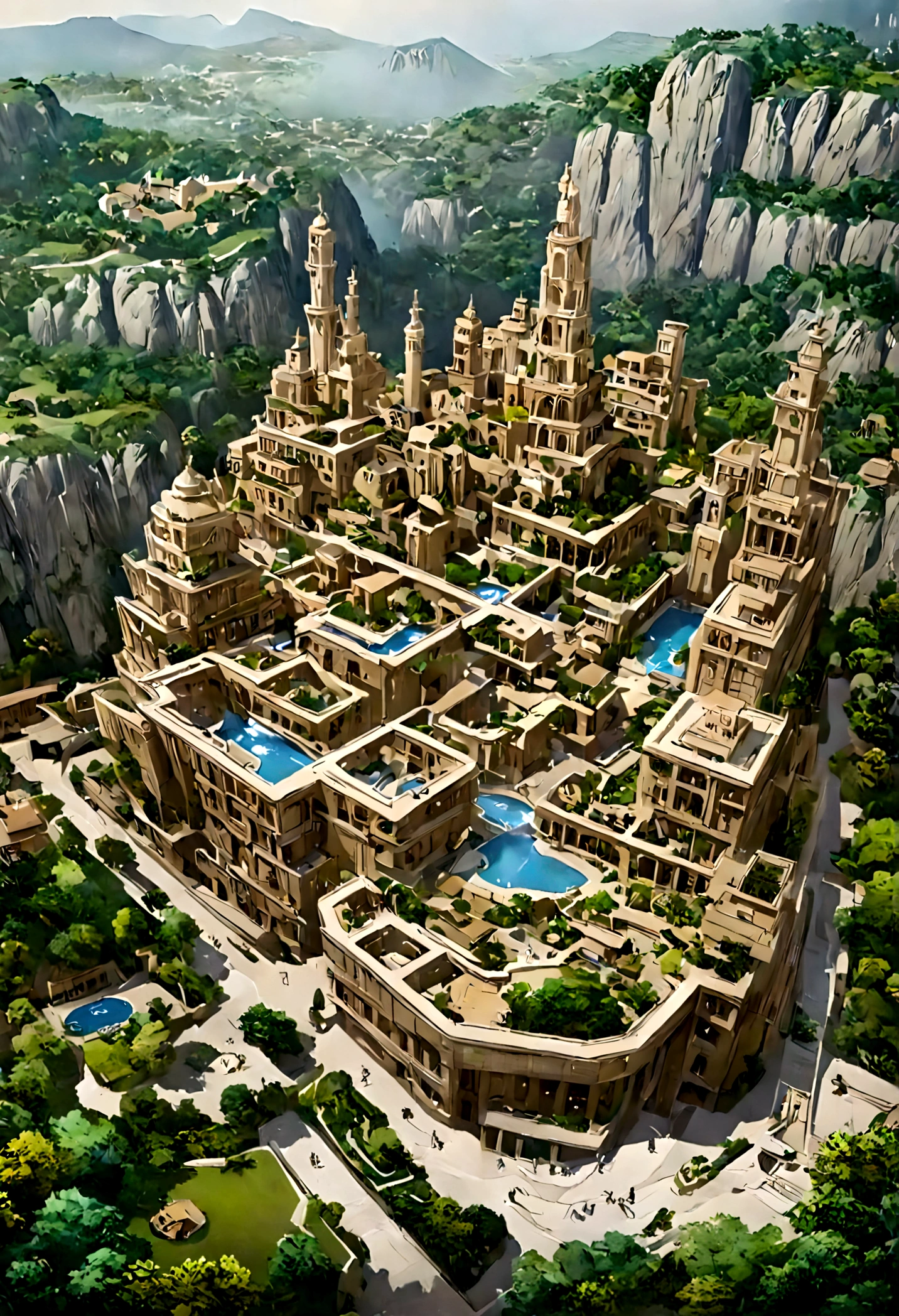 A highly detailed anime-style still art, Ghibli studio style, masterpiece, official art, professional, ((ultra-detailed)), 8k, ((Not show people)), fantastical city carved within a large, rugged mountain. The mountain should appear rough and imposing, with intricate pathways and structures carved into its rocky surface. The city inside should have a unique, surreal design that could not exist in reality. Include elements such as twisting towers, floating platforms, and unusual bridges. The architecture should be imaginative and otherworldly, with buildings featuring intricate details and ornate designs. Surround the city with lush greenery and small waterfalls. Illuminate the scene with a soft, otherworldly light to enhance the sense of wonder and mystery. Add distant, ethereal structures in the background to create depth and a dreamlike atmosphere.