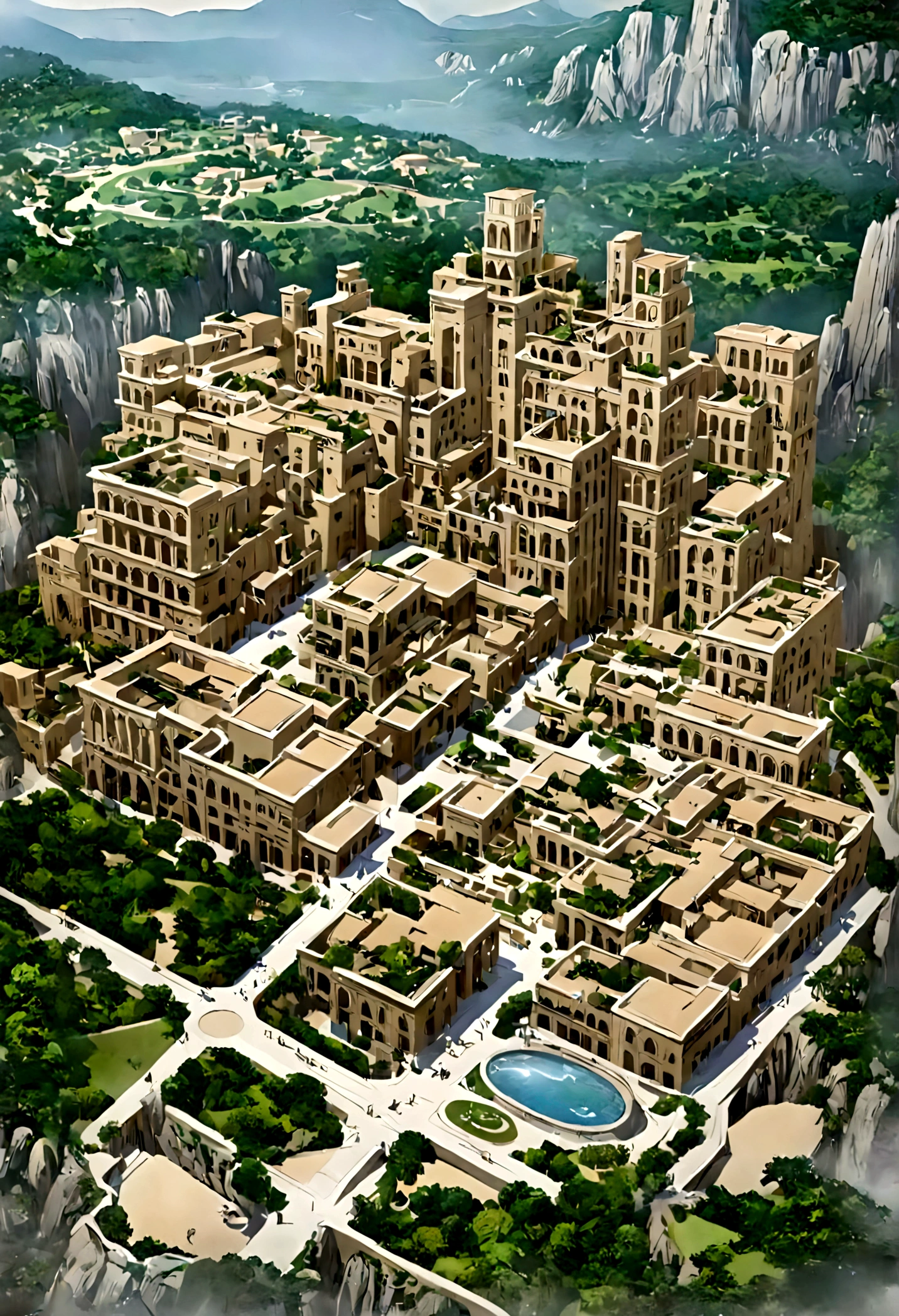 A highly detailed anime-style still art, Ghibli studio style, masterpiece, official art, professional, ((ultra-detailed)), 8k, ((Not show people)), fantastical city carved within a large, rugged mountain. The mountain should appear rough and imposing, with intricate pathways and structures carved into its rocky surface. The city inside should have a unique, surreal design that could not exist in reality. Include elements such as twisting towers, floating platforms, and unusual bridges. The architecture should be imaginative and otherworldly, with buildings featuring intricate details and ornate designs. Surround the city with lush greenery and small waterfalls. Illuminate the scene with a soft, otherworldly light to enhance the sense of wonder and mystery. Add distant, ethereal structures in the background to create depth and a dreamlike atmosphere.