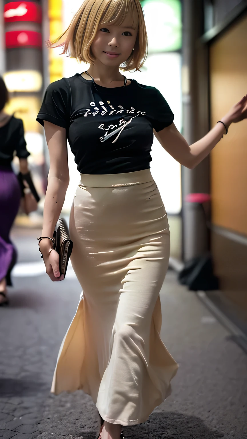 (((Tokyo Street:1.5))、Woman walking in the city:1.3、The background is the street)、(Realistic、Like a photograph、Live Action、8k, Realistic, RAW Photos, Best image quality: 1.4), Single-lens reflex camera、RAW Photos, highest quality, Realistic, Very detailed CG Unity 8k wallpaper, Written boundary depth, Cinematic Light, Lens flare, Ray Tracing, Realistic background、(paisla,Tight T-shirt:1.2、(Long skirt)、Small breasts:1.4))、((ultra high density skin))、 1 female,cute japanese gal、((whole body:1.5),look up:1.1、smile、(short hair、blonde:1.3)、I like that style、stylish、Very detailed、Pay attention to the details、Perfect outfit、(Sunburned skin)、Beautiful feet:1.1,Anatomically correct body、Accurate Fingers、Are standing、View from the front