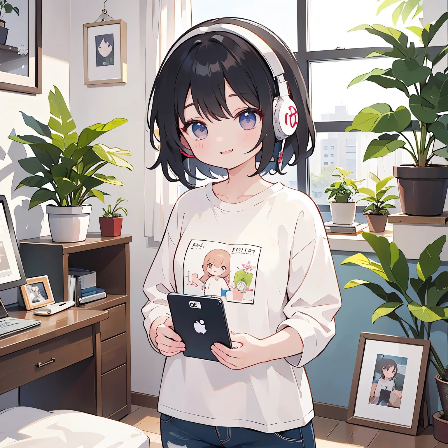 Medium hair woman、shirt、smile、headphone、Room with houseplants