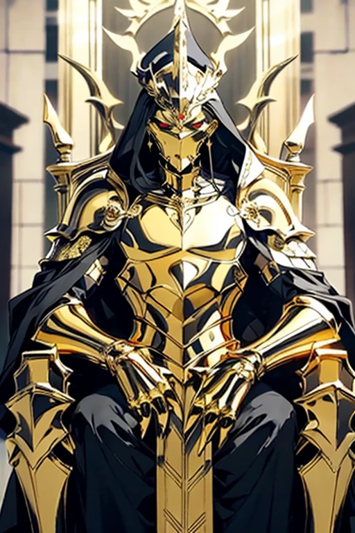 make a golden knight with death mask, he is in the hall, sitting on a throne, looking menacingly with a relaxed pose ((taking the whole body))