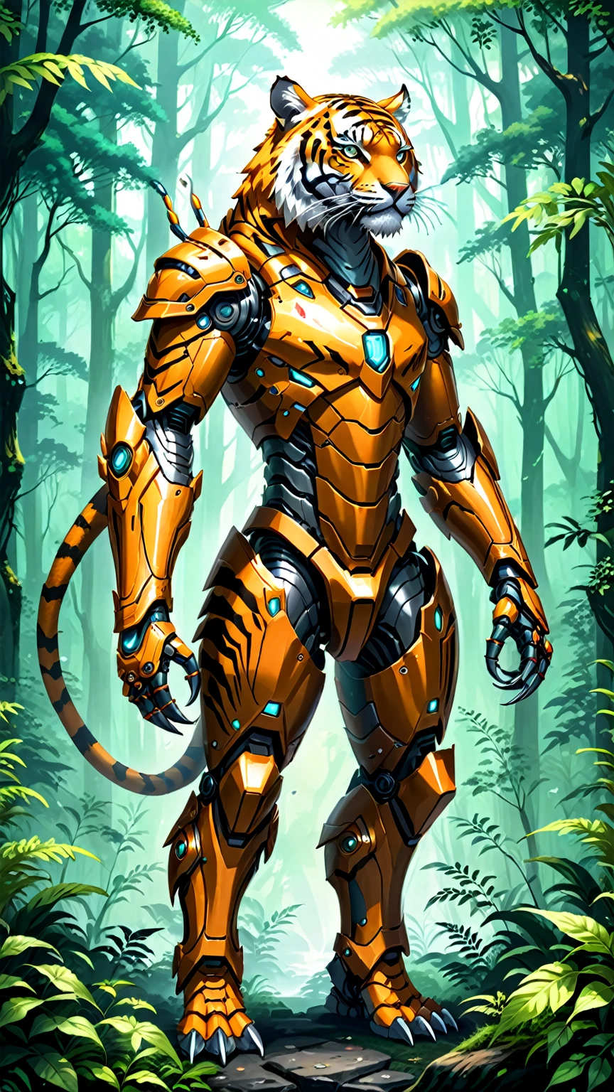 Generate an image of a robotic humanoid tiger standing at the edge of a dense forest. The tiger should be adorned with high-tech armor, featuring intricate details on the claws and tail scuttles. The armor should have a sleek, futuristic design, emphasizing the fusion of advanced technology with the natural strength and agility of the tiger. The background should depict a lush, mysterious forest, contrasting with the high-tech appearance of the armored tiger. The overall scene should evoke a sense of power, intrigue, and the blending of nature with cutting-edge innovation.