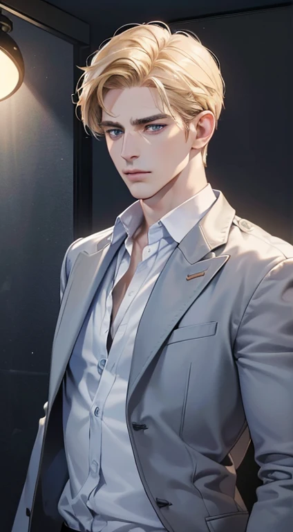 (best quality, masterpiece, 8K, photorealistic, cinematic lighting, 1:4 hdr image, ultra detailed, beautiful image), a mature man, 34 years very handsome, ((cold expression)), short golden hair, blue eyes, face perfect without mistakes, ((buttoning his jacket, CEO))