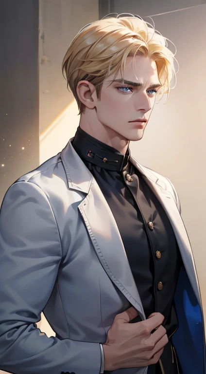 (best quality, masterpiece, 8K, photorealistic, cinematic lighting, 1:4 hdr image, ultra detailed, beautiful image), a mature man, 34 years very handsome, ((cold expression)), short golden hair, blue eyes, face perfect without mistakes, ((buttoning his jacket, CEO))