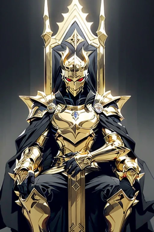 make a golden knight with death mask, he is in the hall, sitting on a throne, looking menacingly with a relaxed pose ((taking the whole body))