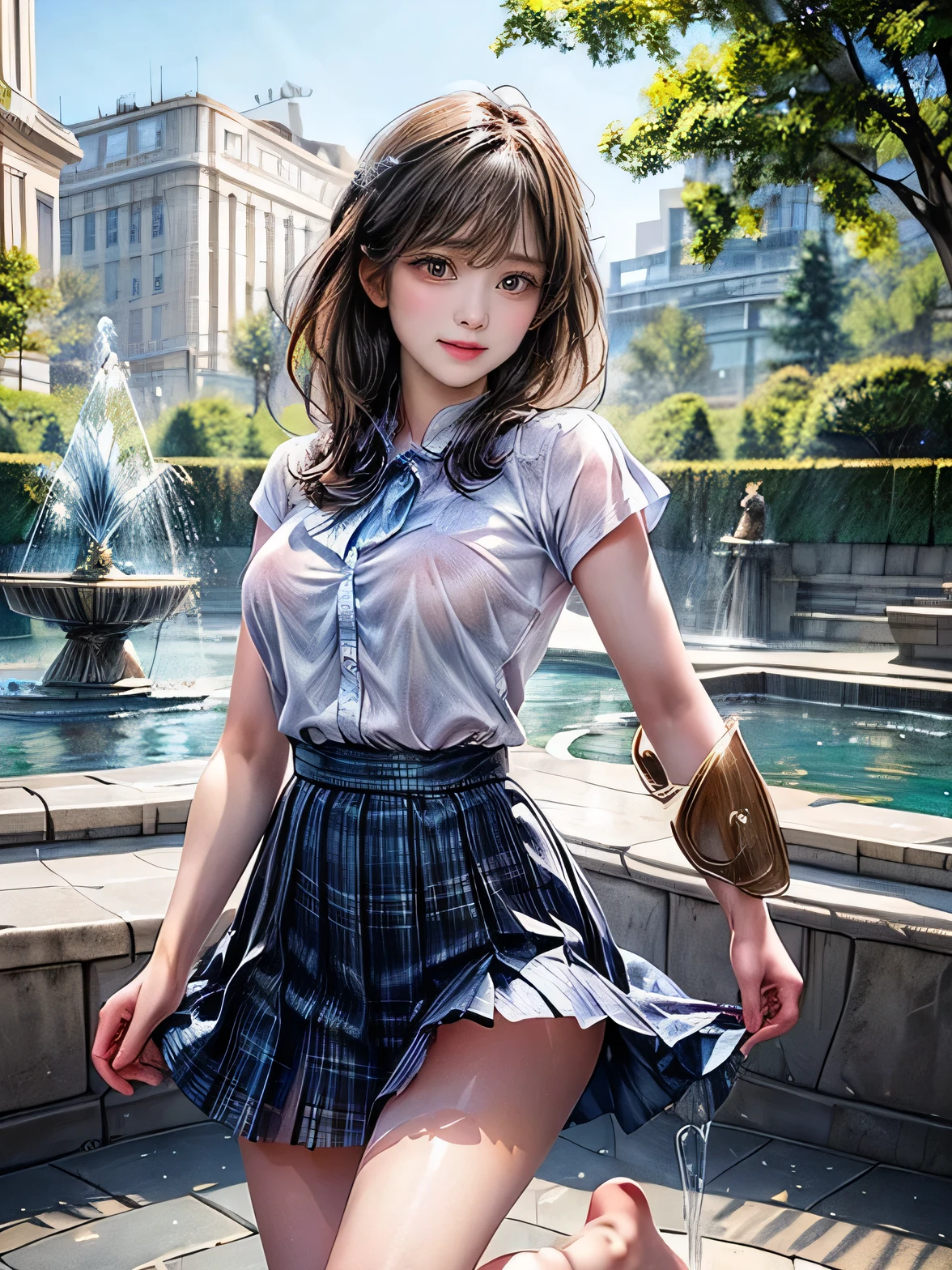 masterpiece:1.2, highest quality, 16k, High resolution, Ultra-realistic, Realistic:1.37, Beautiful details:1.2, Two cute girls, Are standing:1.2, Barefoot Girl, School summer clothes, Pleated skirt, mini skirt, 笑face, The two of them play in the fountain in the park, splashing around, Iridescent fountain, Frolic happily, Beautiful delicate(hair, face, Long eyelashes, eye, student, lips), sparkling eye, shining rosy lips, Blushed, Through the front hair,Big Breasts, Nipples are visible, Showing panties