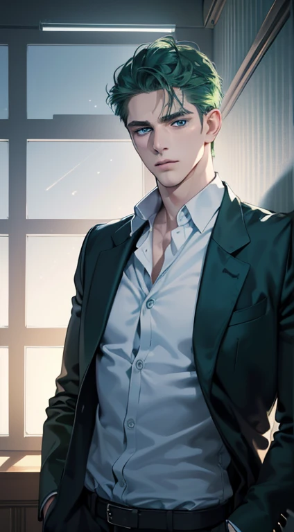 (best quality, masterpiece, 8K, photorealistic, cinematic lighting, 1:4 hdr image, ultra detailed, beautiful image), a mature man, 34 years very handsome, ((cold expression)), short green hair, blue eyes, face perfect without mistakes, ((buttoning his jacket, CEO))