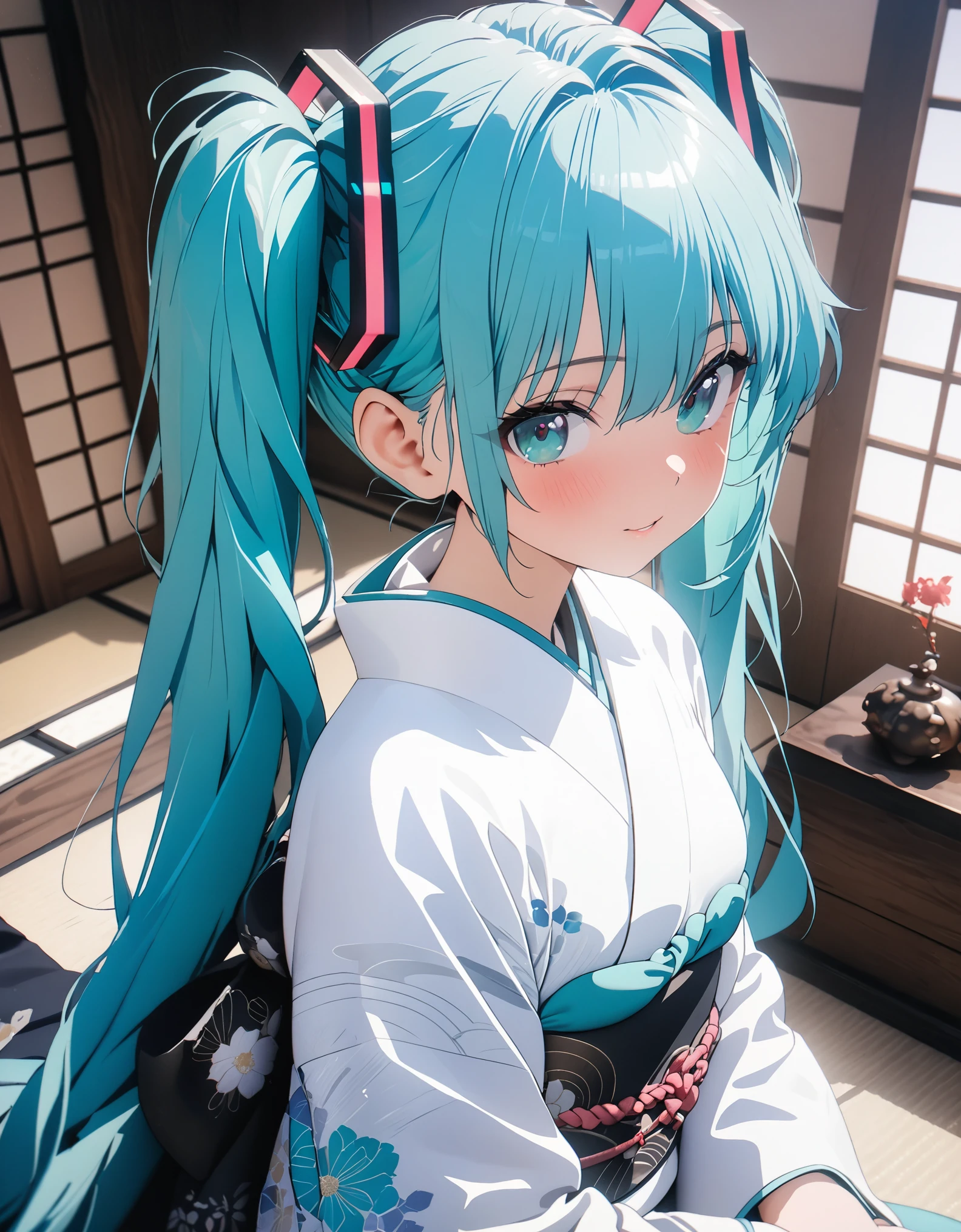 a girl, cyan hair, twin Side ponytail, cyan eyes, Hatsune Miku, Permanent, kimono, Heart, (8k, original photo, best quality, masterpiece: 1.2), (Practical: 1.6), (masterpiece), (best quality: 1.0), (Ultra-high resolution: 1.0), detail, 1980s, only one, detail beautiful skin, ancient Japanese style room, detail room, Practical skin, High quality CG, fair