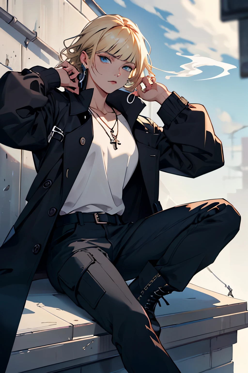 Create images for me in manhwa style of a young 24-year-old woman with a confident and defiant appearance. Her name is Kanna-san, and she has long, straight hair (blonde, but with a little black roots on the top of her head indicating her natural color) that falls behind her shoulders, with straight bangs covering the top of her forehead. She wears a black trench coat, open in the front, revealing a white blouse underneath, paired with black cargo pants and combat boots with heels. Holding a cigarette in her right hand, visible smoke emanates from it, contributing to her aura of nonchalance and rebellion. Her left ear is adorned with multiple piercings, including a chain connecting some of them, and long dangling earrings. A pendant necklace is visible around her neck.
Her blue eyes are half-closed and detailed with long eyelashes, conveying a cold and defiant expression, while her eyebrows are thin and well-defined. Her mouth is slightly open, exhaling cigarette smoke. The background of the scene is black. The images should include multiple poses and expressions.
the style is in MANHWA