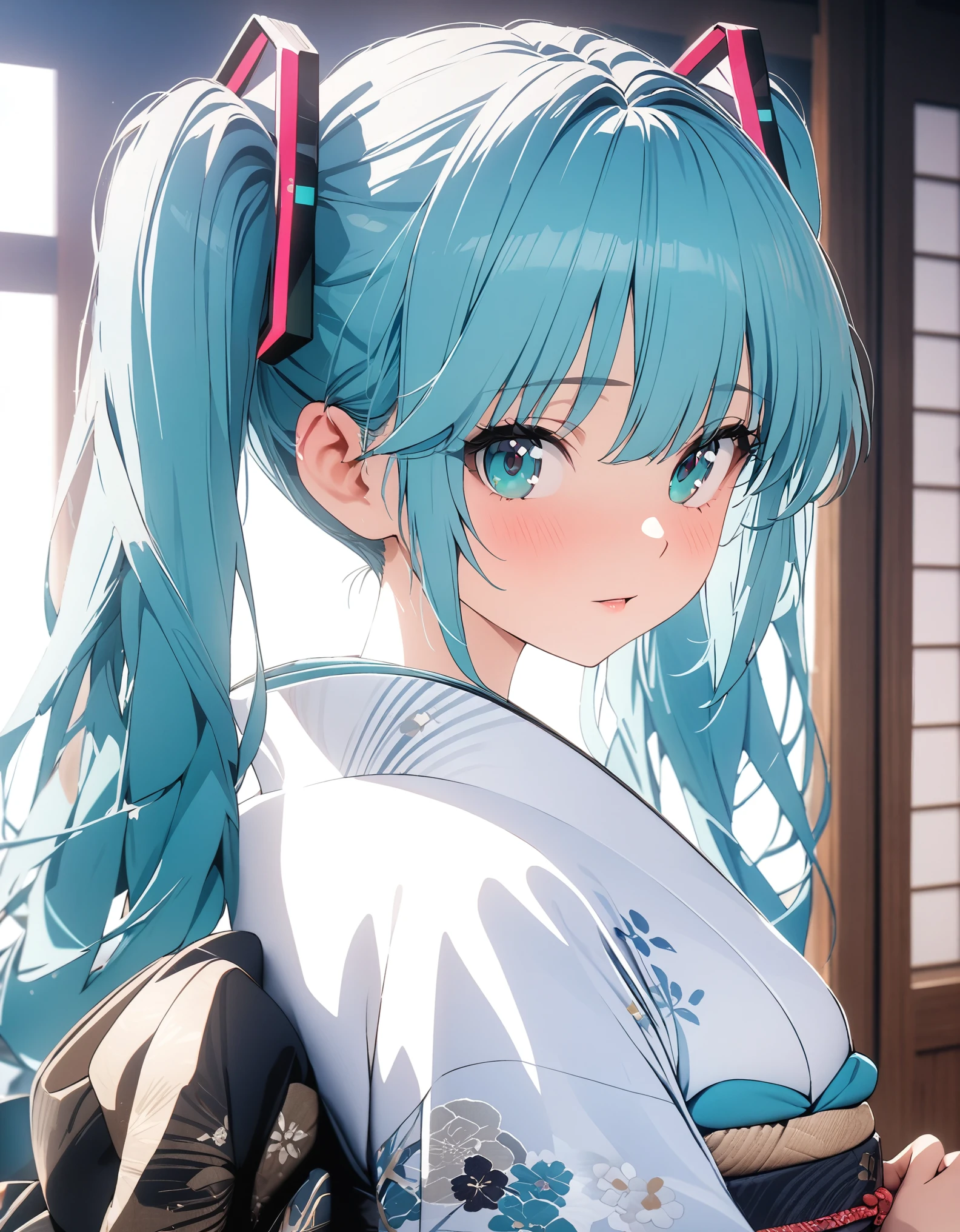 a girl, cyan hair, twin Side ponytail, cyan eyes, Hatsune Miku, Permanent, kimono, Heart, (8k, original photo, best quality, masterpiece: 1.2), (Practical: 1.6), (masterpiece), (best quality: 1.0), (Ultra-high resolution: 1.0), detail, 1980s, only one, detail beautiful skin, ancient Japanese style room, detail room, Practical skin, High quality CG, fair