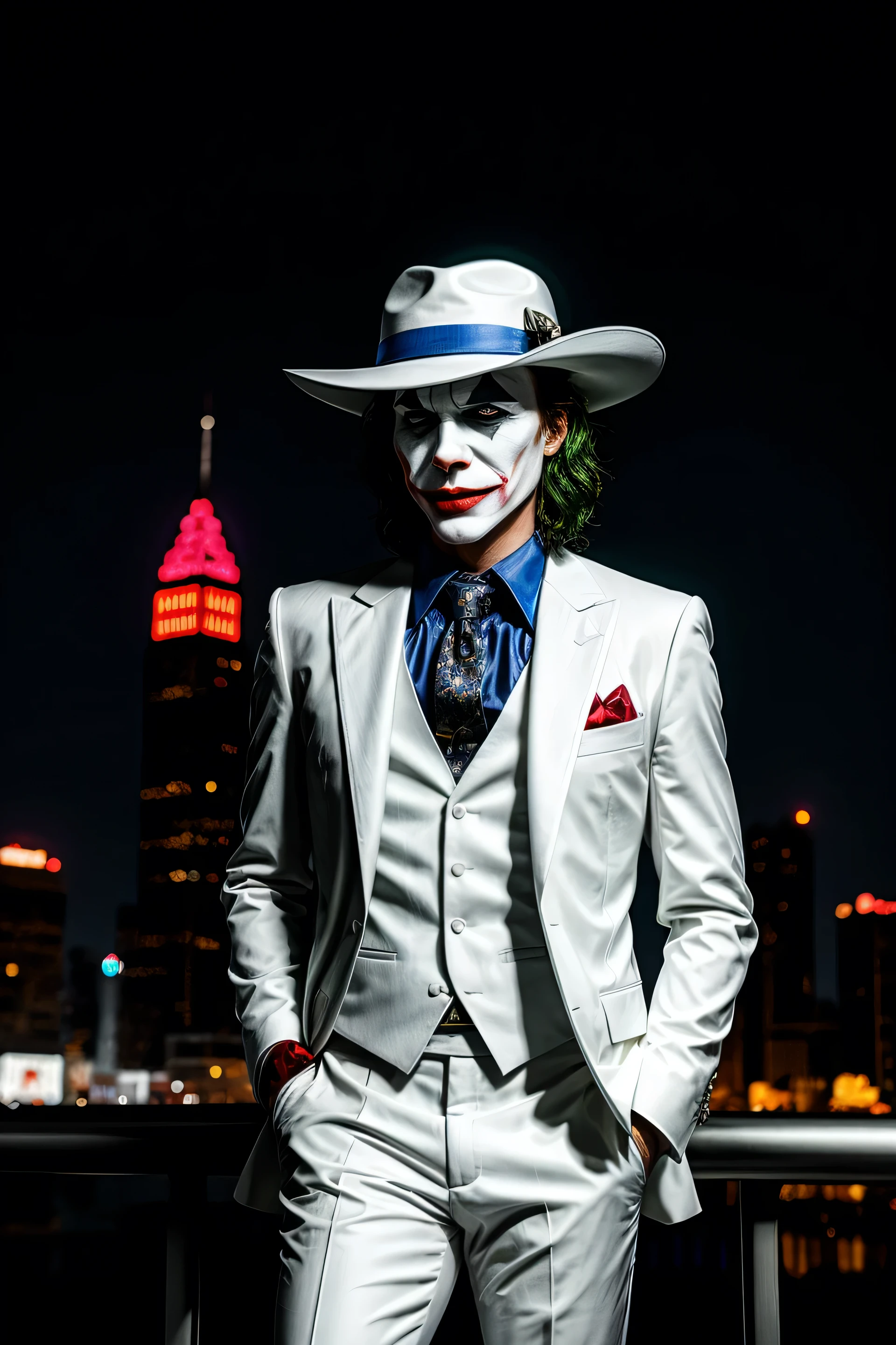 Minimalist fashion photo of a joker in white suit and hat. nighttime city background, detailed masterpiece best quality high saturation