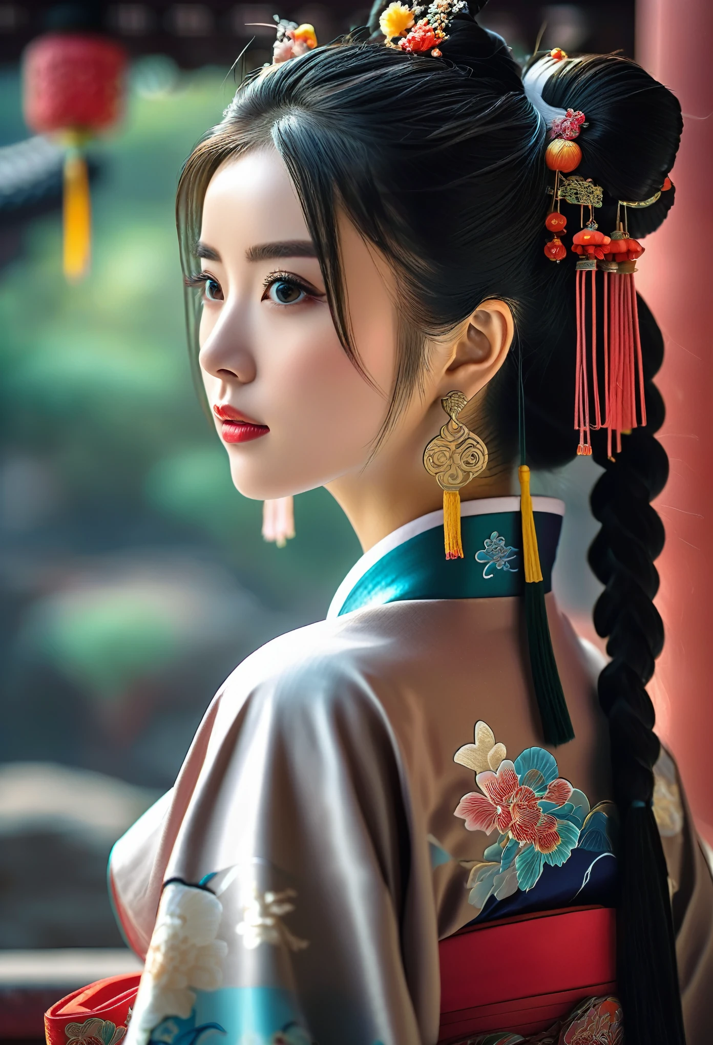 1 Girl, Solitary, Hanfu, China costume, (side back:1.2), looking into distance, photo, realism anime, Ultra-high resolution, RAW photos, photo shoot, professional, Amazing details, rich and colorful, point of view, sharp focus, short depth of field, Digital Art Rendering, Surrealism, masterpiece, best quality, masterpiece, best quality, best quality, 8K