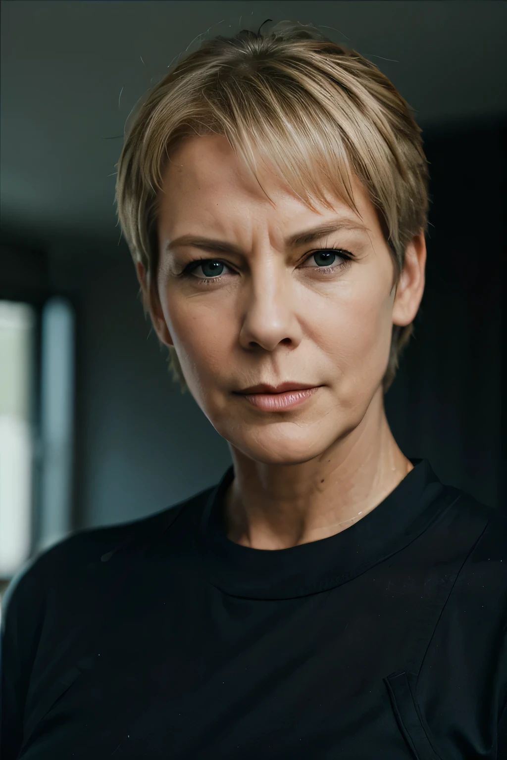 mature older woman, Jamie Lee Curtis, Malissa McBride, slim face, Sam Carter from Stargate, short blonde hair, blue eyes, blurred background, smirk, strong female character, tough expression, black shirt, tomboy