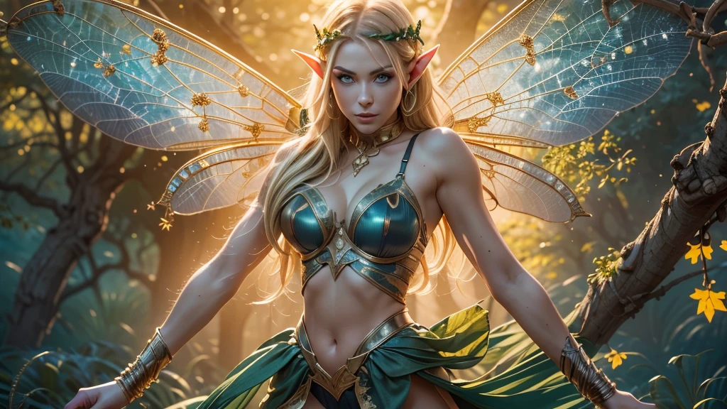 Beautiful faerie woman, elf ear, flying, hovering, floating, centered holographic dragonfly wings, balanced wings, glowing blue eyes, detailed realistic eyes, detailed proportional hand, manicured hands, detailed fingers, proportional fingers, proportional legs, proportional arms, proportional body, firm breast, silk tutu, oak tree forest, frank Frazzetta painting style, (Best Quality:1.4), (Ultra-detailed), (extremely detailed CG unified 8k wallpaper), Highly detailed, RAW Photos, Professional Photography, plein air, Illumination, (Super fancy photos:1.4), (Dazzling light), Radiant Photography, depth of fields,