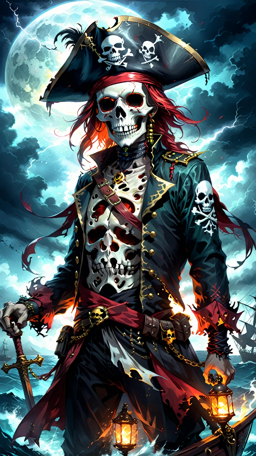 Create a visually stunning double exposure artwork featuring a semi silhouette of a intricately detailed sinister skull faced pirate figure, the figure is wearing a captivating pirate hat, with skull and crossbones. his hallow sockets have an evil red glow. Within his body showcases an intricately detailed ghostly pirate ship, tattered sails, with a realistic stormy ocean, lightning and a moon that casts a vibrant glow across the scene. The background is a deep black, resulting in a truly mesmerizing masterpiece., illustration, portrait photography, dark fantasy, conceptual art, vibrant, photo