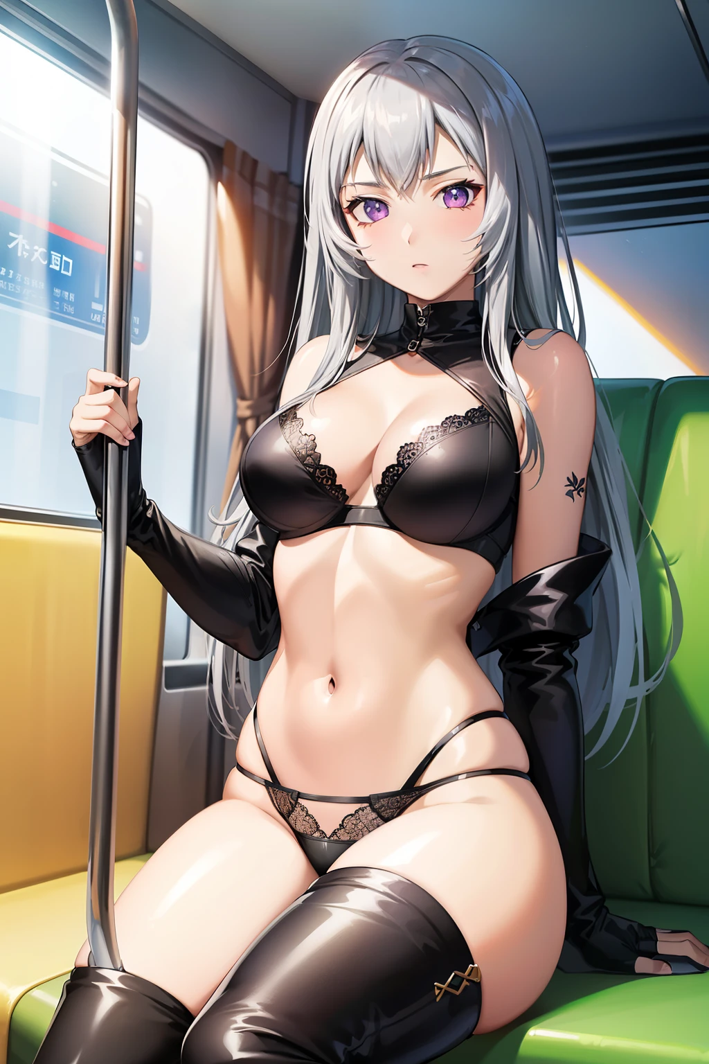 (Tabletop, highest quality, Super detailed), One Girl, Purple eyes, Silver Hair, Long Hair、((Black Panties))、((Thigh-high boots))、(on the train)、(Black Bra)、Long gloves、sit、Put on a coat