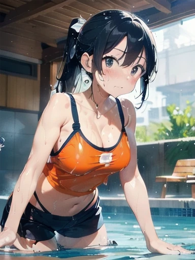 Orange swimsuit((Orange camisole,Navy blue piping),(ぬるぬる液体でSoaking wet)),(Navy blue shorts),(A pool of slippery lotion),(Soaked with slimy liquid),Black Hair,Are standing,One beautiful girl,Big Breasts,Camisoles are available in any color other than navy blue,Shorts must be any color other than orange,Leaning forward,Cute eyes,(Sulky face),((ぬるぬるローションでSoaking wet(Sexy))),Low Ponytail,Covered in slimy lotion(Sexy,Soaking wet,Shiny),