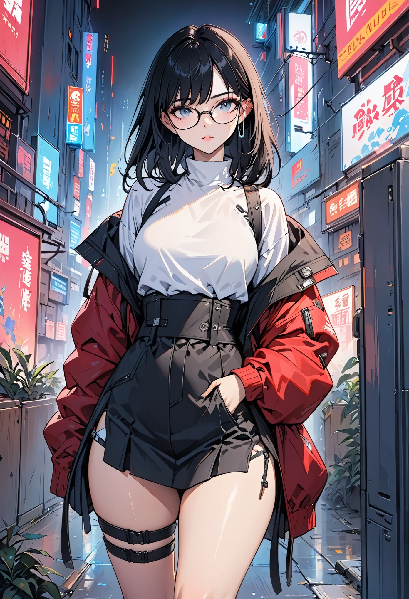 (masterpiece, best quality), 1 Girl, Black Hair, Glasses, Cyberpunk, Solitary, Waist-high, Sexy appearance