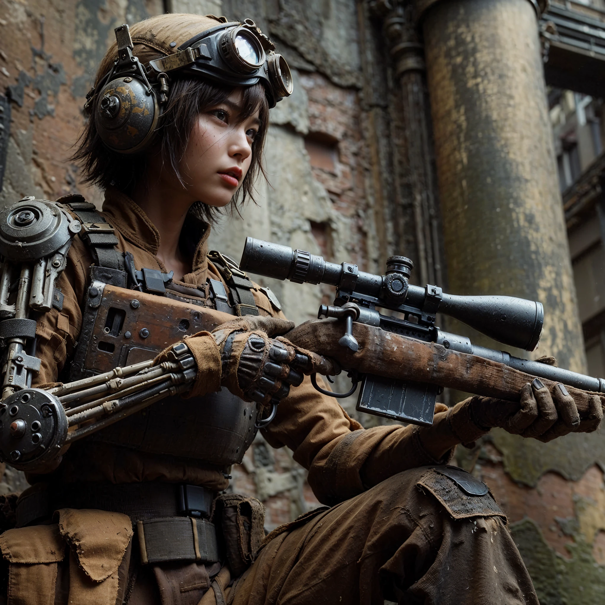 superrealism, ultra high res,8k,(Photorealsitic:1.4), (1950s-like mechanical suit:1.2), Collapsed Cities, heavy weapons,vivid textures,animal legs, gradation hair, Russian female soldier,(ultra beautiful face),((super realistic all textures)), ((super intricate all details)), full body shot, ultra sharp photo result, Olive Drab color, scratch, Rust, weathering, steampunk, taken with Fuji film X-T30+Nokton. HDR10,Minimum of 4 pieces created