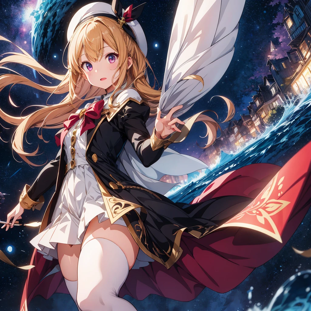 1girl、(masterpiece, highest quality、Official Art、The best composition、Award-winning works), (Thin Hair), Super detailed, Anime Style, alone, full length, Concept Art,Magical girl Big hat Cape, Highly detailed magic wand, Super huge, Tall and stylish, Very large.、White Background, full lengthに立って, Floating in the sky,