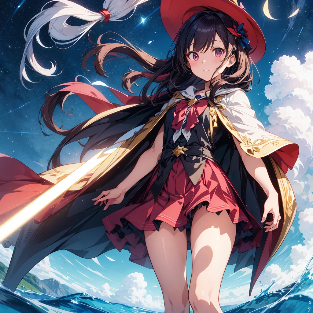 1girl、(masterpiece, highest quality、Official Art、The best composition、Award-winning works), (Thin Hair), Super detailed, Anime Style, alone, full length, Concept Art,Magical girl　Big hat　Cape, Highly detailed magic wand,  Super huge, Tall and stylish, Very large.、White Background, full lengthに立って, Floating in the sky,