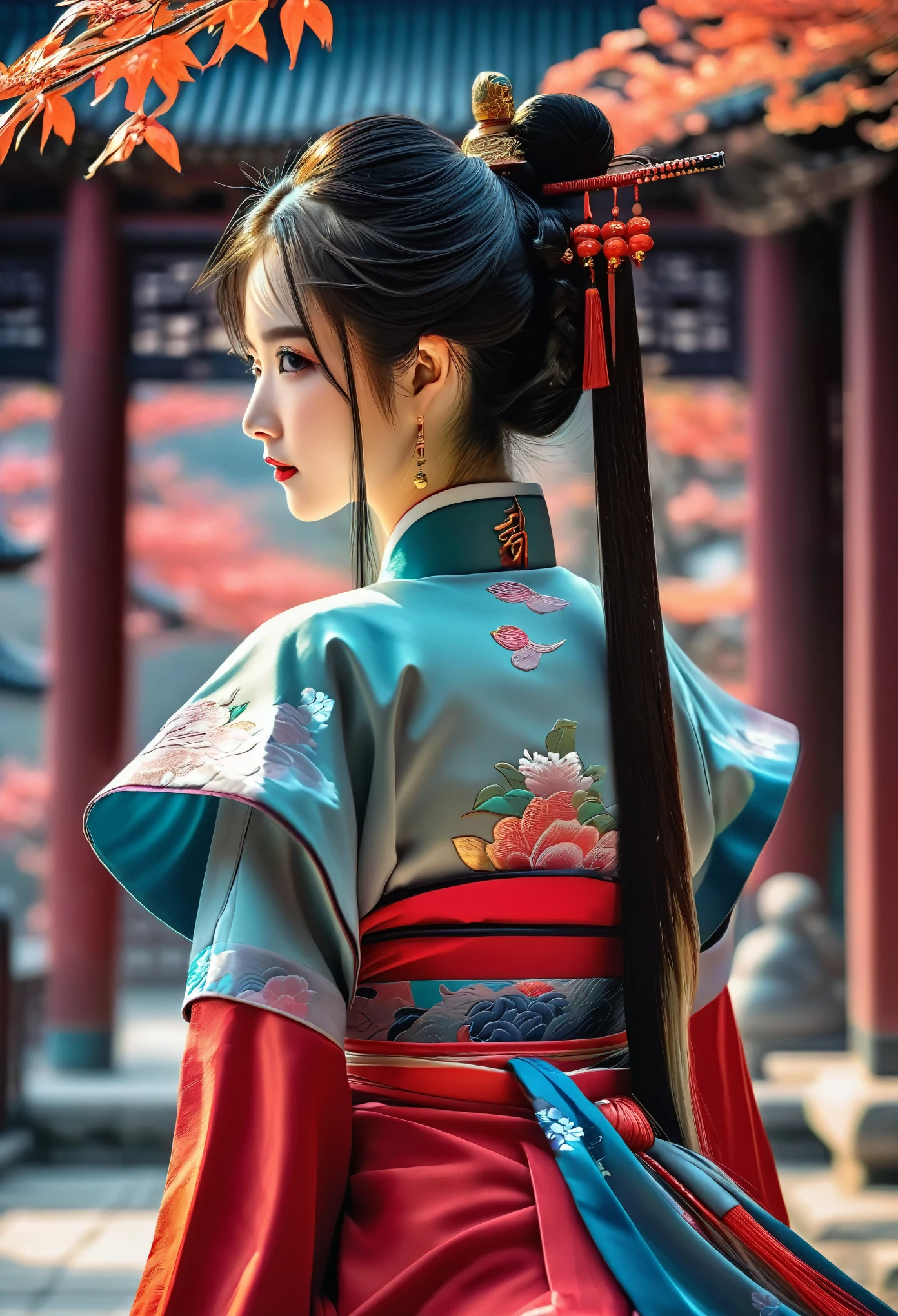 1 Girl, Solitary, Hanfu, China costume, (back:1.2), looking to viewer, photo, realism anime, Ultra-high resolution, RAW photos, photo shoot, professional, Amazing details, rich and colorful, point of view, sharp focus, Digital Art Rendering, Surrealism, masterpiece, best quality, masterpiece, best quality, best quality, 8K