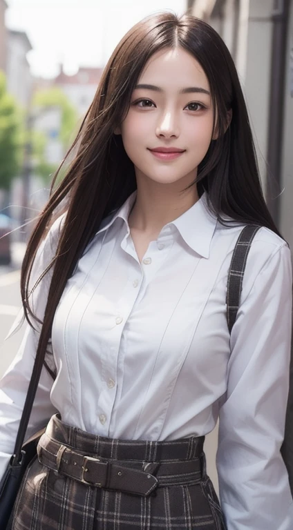 Photorealistic, masutepiece, Best Quality, Raw photo, 1girl in, Solo, Long hair, Brown hair, Detailed face, alluring face, mournful smile、From thigh up、Collared shirt, medium breasts, Dynamic Pose, Looking at Viewer, From below, Detailed background, fine detailed, intricate detailes,  Ray tracing, depth of fields, lowkey, nffsw