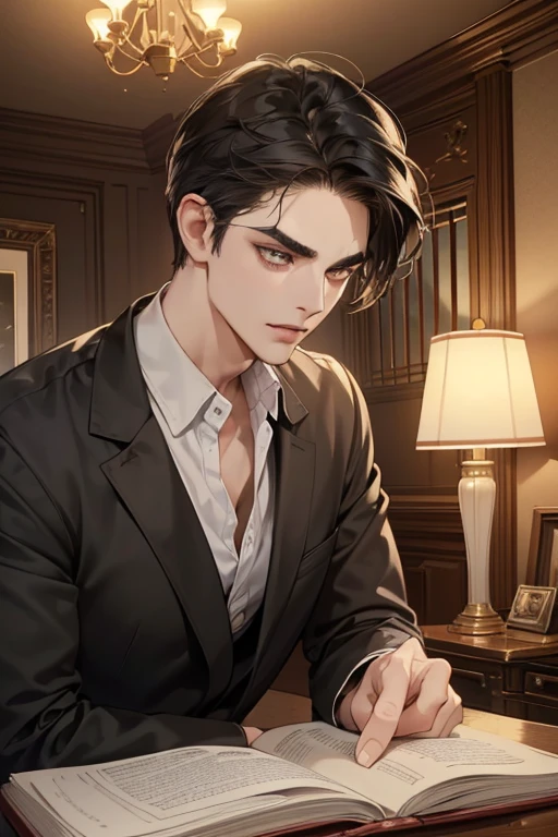 (masutepiece, Digital Art, Digital Illustration, 4K, 8K, Ultra-detailed, beautiful image, Sharp Image, Photorealistic, Raw photo, Perfect face, Perfect lines, Perfect eyes, Soft lighting) 1 male human, (A dark-haired,of hair between the eyes,2 blocks long,short-hair,Slippery hair,deadpan,Lowered eyebrows,Parallel eyebrows,Narrow-eyed,drooing eyes,Beauty,kindly smile,ember,40 years old:1.3),Handsome men, (ember,Man in a suit,Thin macho,Firm shoulder width,Adult male:1.2),Antique furniture,Antique sofa,Leather sofa,Antique table,aroma Candle,fantastical light,candelabra,At work,Sleepy face,Frantically opening your eyes,Troubled face,Beautiful eyebrows,Chunky jaws,Wrinkles at the corners of the eyes,Antique bed,canopy,thickness,Bedroom,Bed Making
