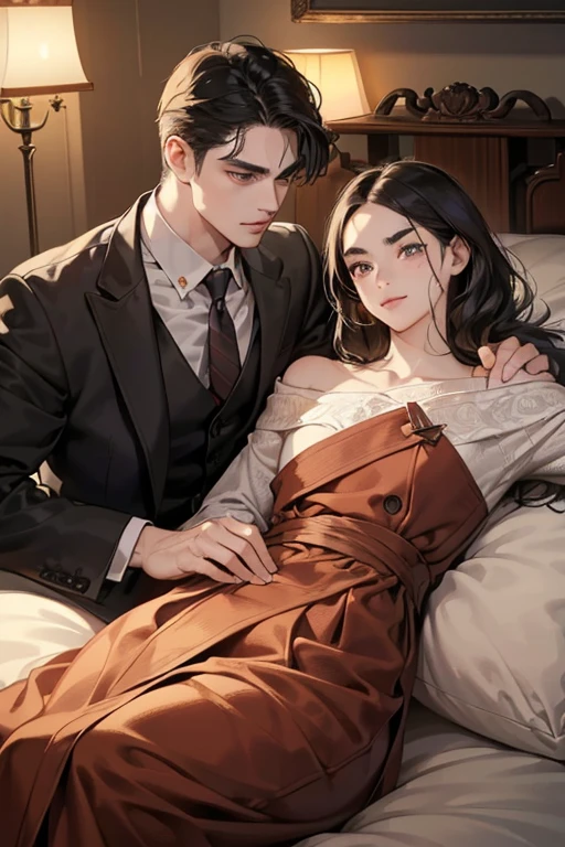 (masutepiece, Digital Art, Digital Illustration, 4K, 8K, Ultra-detailed, beautiful image, Sharp Image, Photorealistic, Raw photo, Perfect face, Perfect lines, Perfect eyes, Soft lighting) 1 male human, (A dark-haired,of hair between the eyes,2 blocks long,short-hair,Slippery hair,deadpan,Lowered eyebrows,Parallel eyebrows,Narrow-eyed,drooing eyes,Beauty,kindly smile,ember,40 years old:1.3),Handsome men, (ember,Man in a suit,Thin macho,Firm shoulder width,Adult male:1.2),Antique furniture,Antique sofa,Leather sofa,Antique table,aroma Candle,fantastical light,candelabra,At work,Sleepy face,Frantically opening your eyes,Troubled face,Beautiful eyebrows,Chunky jaws,Wrinkles at the corners of the eyes,Antique bed,canopy,thickness,Bedroom,Bed Making