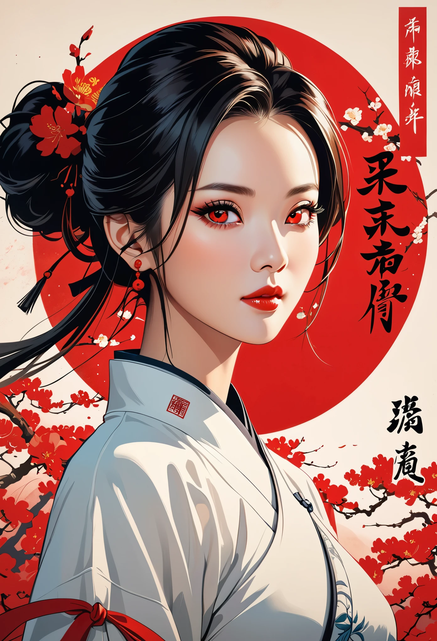 (best quality, Poster Style), A beautiful woman (A red eye:1.2),(Meaningful Chinese characters:1.1), Perfect combination of elements.