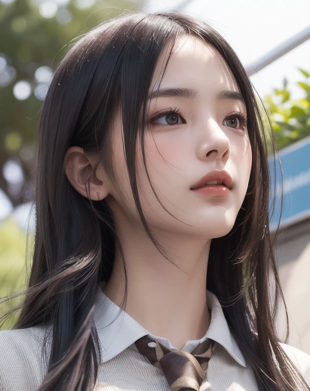 Photorealistic, masutepiece, Best Quality, Raw photo, 1girl in, Solo, Long hair, Brown hair, Detailed face, alluring face, Collared shirt, medium breasts, Dynamic Pose, Looking at Viewer, From below, Detailed background, fine detailed, intricate detailes, Ray tracing, depth of fields, lowkey, nffsw