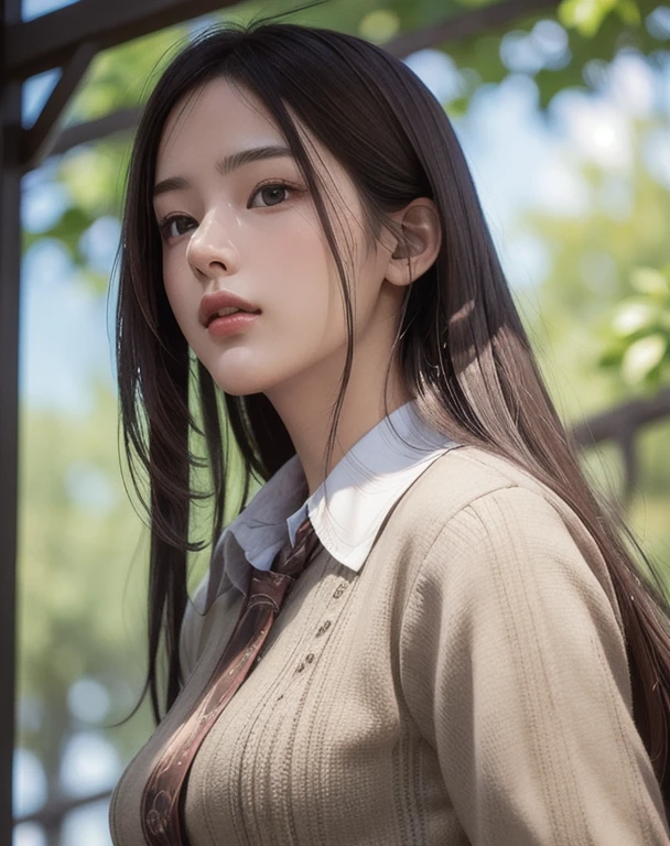 Photorealistic, masutepiece, Best Quality, Raw photo, 1girl in, Solo, Long hair, Brown hair, Detailed face, alluring face, Collared shirt, medium breasts, Dynamic Pose, Looking at Viewer, From below, Detailed background, fine detailed, intricate detailes, Ray tracing, depth of fields, lowkey, nffsw