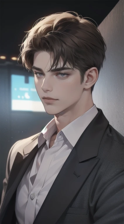 masterpiece, best quality, realistic, 1man, mature male, quiet and charming young man, 25 years old, close his eyes, serious look, extremely detailed face, smirk, ((dark grey eyes)), ((short-right-swept dark brown hair)), [thick eyebrows], detective, Black background, ((suit)), cinematic lighting