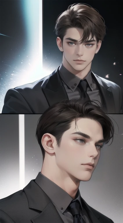 masterpiece, best quality, realistic, 1man, mature male, quiet and charming young man, 25 years old, close his eyes, serious look, extremely detailed face, smirk, ((dark grey eyes)), ((short-right-swept dark brown hair)), [thick eyebrows], detective, Black background, ((suit)), cinematic lighting