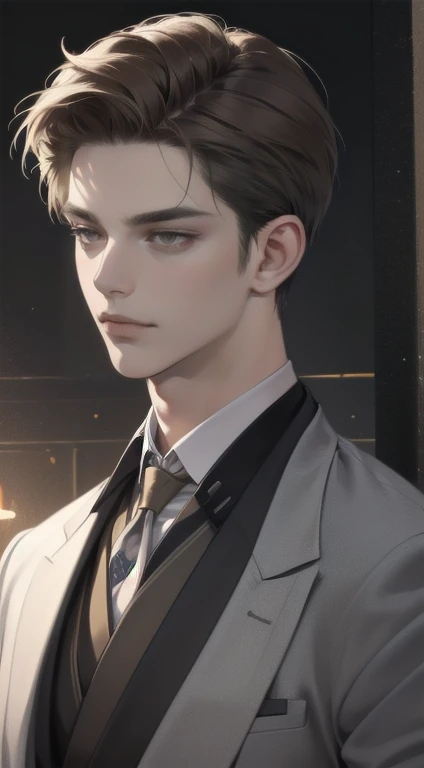 masterpiece, best quality, realistic, 1man, mature male, quiet and charming young man, 25 years old, close his eyes, serious look, extremely detailed face, smirk, ((dark grey eyes)), ((short-right-swept dark brown hair)), [thick eyebrows], detective, Black background, ((suit)), cinematic lighting