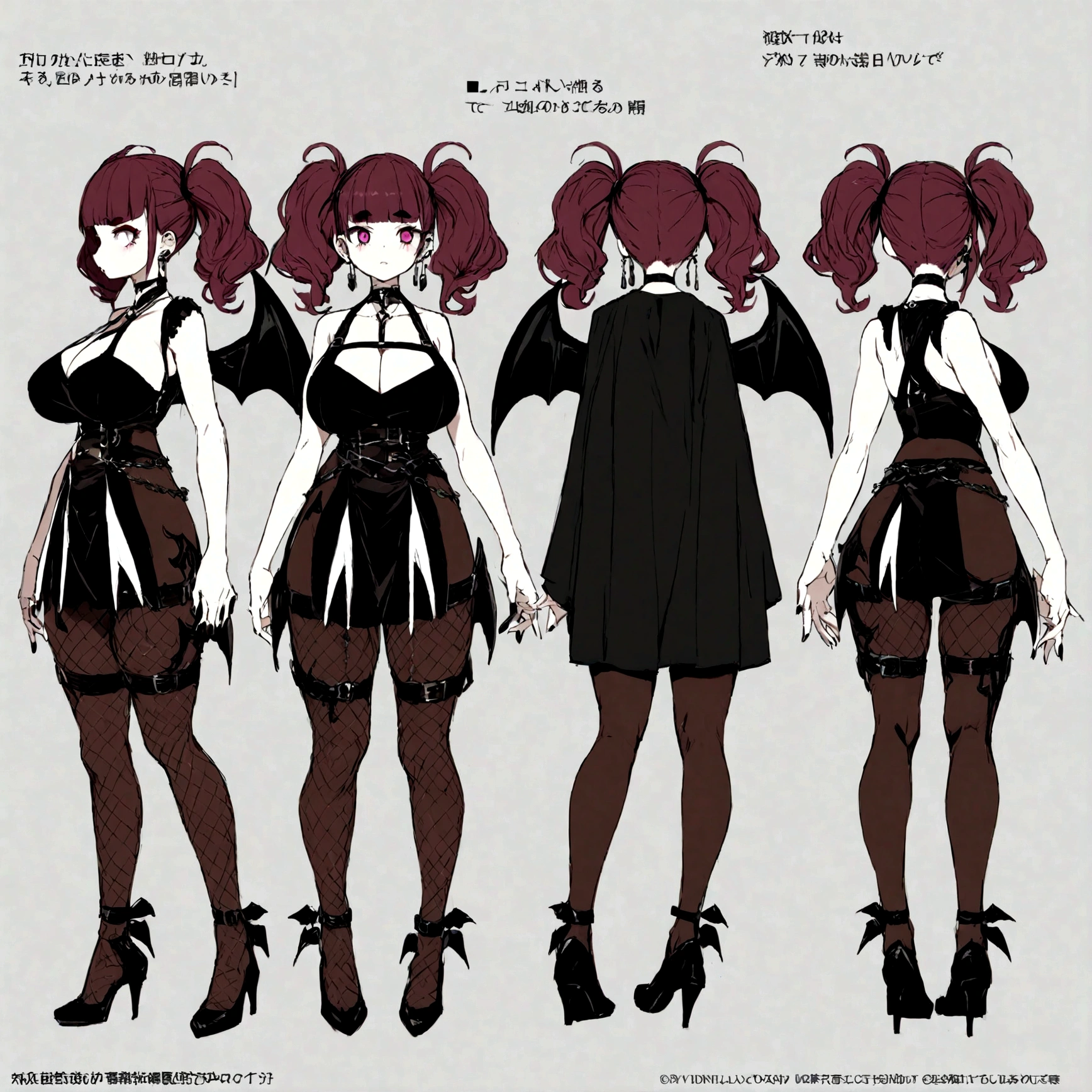 masterpiece, high quality, 最high quality, (Concept Art, Official Art,whole body)(three ~ sided view:1.3), ((Character design sheet, same characters, front, ~ side, return)), Virtual YouTuber, girl, Dark pink hair, Voluminous wavy twin tails, Blunt bangs, Straight bangs, Magenta slanted eyes, tooth, Thick eyebrows, Black nails, ((Huge breasts)), Black Dress, Exposing shoulders, ((Lots of earrings)), Black long fingerless gloves, Gosgarh, (Fishnet tights, Gothic print:1.25) girl in a black and white outfit, girl wearing a Gosgarh outfit, Big Boots, High heels, girl wearing a black leather garterbelt and (Multiple Leather Straps, Multiple iron chains mounted on a ring:1.125), ((Devil Wings and Devil Tail)), simple returnground, Very exquisite work of art, (Beautifully detailed eyes and face), Depict facial features with subtlety