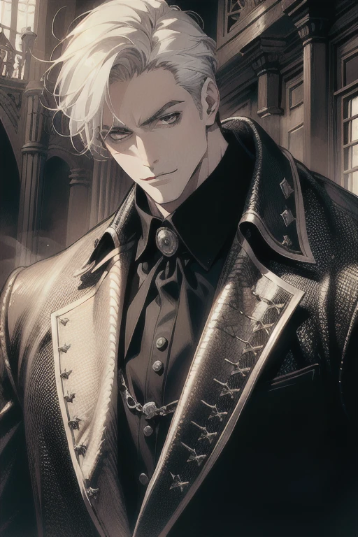 (masterpiece, best quality:1.2), (absurd res, high res, ultra detailed), 1 male, adult, handsome, tall muscular guy, broad shoulders, white hair, finely detailed eyes, portrait, looking at viewer, solo, half shot, detailed background, detailed face, (gothic), smirk, vampire, dark leather, high fantasy,, stealth, undercover, (crates in background), shadows, fog, (dutch angle), closed mouth,