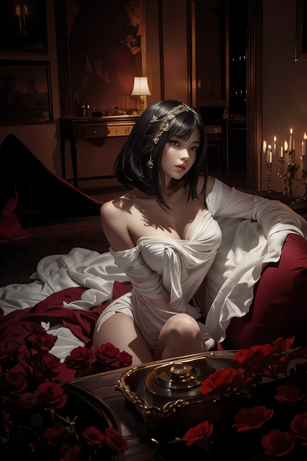 (Best quality, 8k, 32k, Masterpiece, UHD:1.2) "Generate a captivating artwork featuring a young Japanese girl model with short, sleek black hair styled in a chic bob haircut. Envision her bathed in dramatic cinematic lighting, creating an atmosphere of allure and mystery. Emphasize a romantic aesthetic vibe, showcasing the model in a poised and elegant pose that evokes a sense of intimacy and sophistication. Utilize warm and soft tones to enhance the romantic ambiance, and consider incorporating elements like flowing fabrics or flowers to add a touch of ethereal beauty. Capture the essence of romance and beauty through the model's expression, the play of light and shadows, and the overall aesthetic, creating a visually compelling and emotionally resonant piece." (perfect eyes), flawless skin, flawless face, cinematic, tight body, ((well-proportion female hands)), ((female hands with five digits))