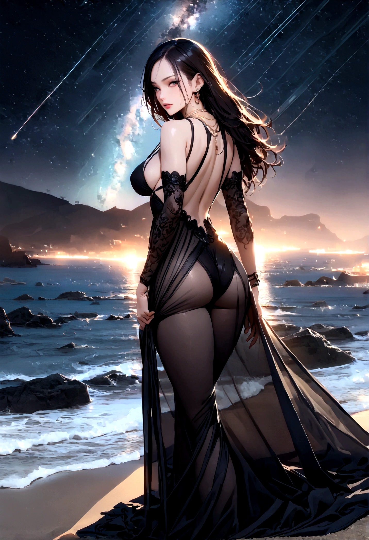 8k, masterpiece, RAW Photos, highest quality, Realistic, Very detailed, Depth of written boundary, Cinematic Light, Anatomically correct body,
One beautiful 40 year old woman, (Very beautiful face:1.2), (Exquisitely detailed face:1.2), (A seductive face:1.2), (Very delicate skin texture:1.2), Transparent muscle, Shiny white skin, Glamorous Body,
(Wavy black long hair:1.2), (Sexy Breasts:1.1), (Sexy ass:1.1),
(See-through beach long dress:1.2), (Detailed cloth texture:1.2), (Gorgeous necklace:1.1), (Gorgeous earrings:1.1),
(Dark starry background:1.4), (Milky Way:1.1), (milky way:1.1), (shooting star:1.1), (Dark coastline at night:1.4), (Pitch black sea surface:1.4),
(Standing on the beach:1.2),