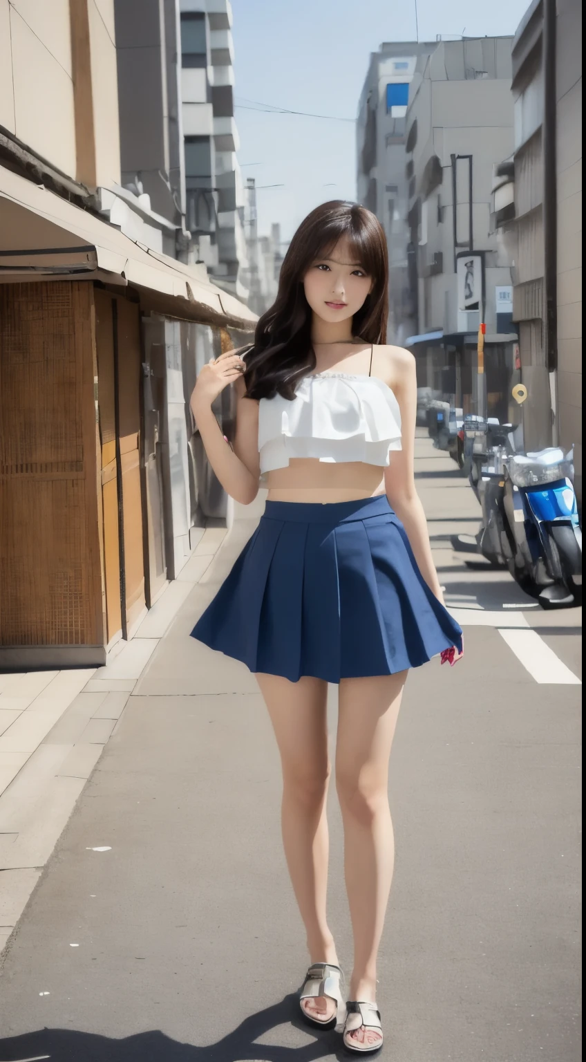 Arabian woman standing on the street wearing a short skirt and crop top, Japanese model, Japanese clothes, Reality Girls, Japanese goddess, A young and cute gravure idol, Young Gravure Idol, Set on the rooftops of Tokyo, Wearing a white skirt, Wearing a top and shorts, sakimichan hdri, Japanese, realistic Young Gravure Idol、Glamour