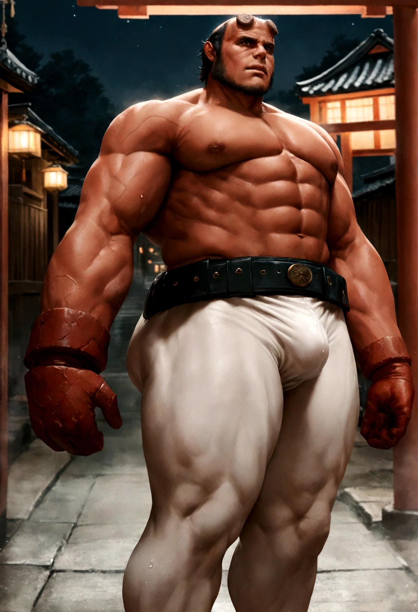 sexy mature daddy, tanned-skin, big bulge, darker skin, stubble, muscular, best quality, masterpiece, super high resolution, detailed background, realism, illustrations, single, 1 boy, torii, muscle, volumetric lighting, depth of field, facial hair, ryu, white clothes, black belt, light particles, massive bulge, starry sky, martial artist, sweating, short hair, perfect eyes, bare feet, naked body