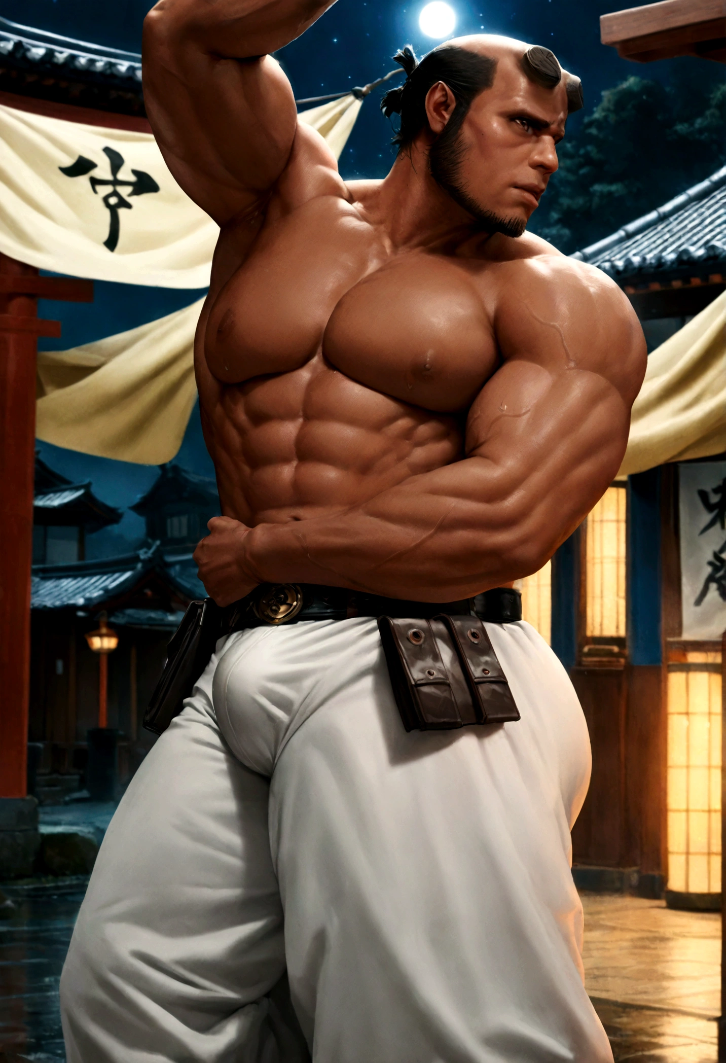 sexy mature daddy, tanned-skin, big bulge, darker skin, stubble, muscular, best quality, masterpiece, super high resolution, detailed background, realism, illustrations, single, 1 boy, torii, muscle, volumetric lighting, depth of field, facial hair, ryu, white clothes, black belt, light particles, massive bulge, starry sky, martial artist, sweating, short hair, perfect eyes, bare feet, naked body