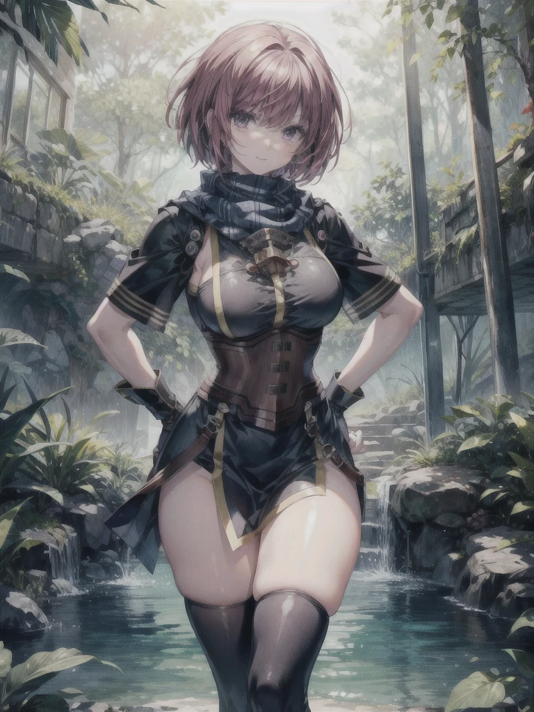 (masterpiece, highest quality, Perfect Anatomy, Fabric Shading, gleaming skin, Glowing Skin, Detailed skin,) break, 
(One Woman, solo, nel zelpher,
striped scarf, black dress, corset, fingerless gloves, thigh bootsslender body, large and soft breasts, big and soft hip,) BREAK,
(light smile, BREAK), BREAK,
((standing, Arching back,), Hands on Hips, )BREAK,
(sunlight filtering through the foliage, lake in the forest) BREAK