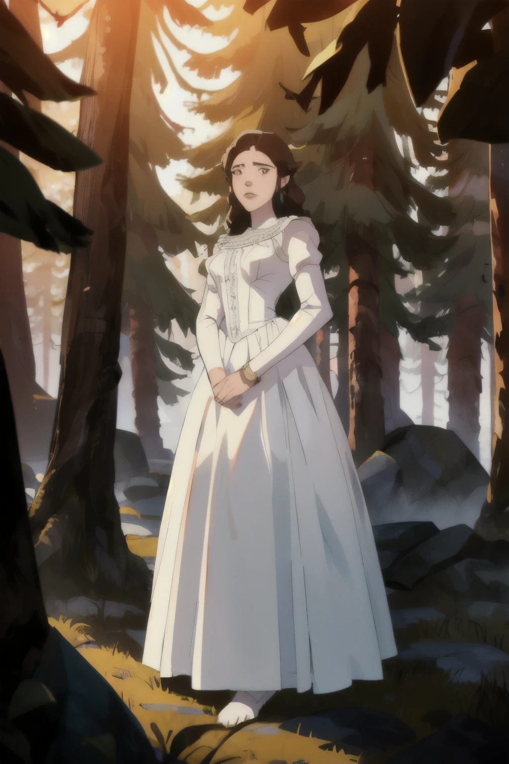 vox machina style, outdoors, forest, high quality face, pretty, detailed background, 1girl, , solo, full body, long white dress, milkmaid dress, black hair, brown eyes, ((masterpiece))
