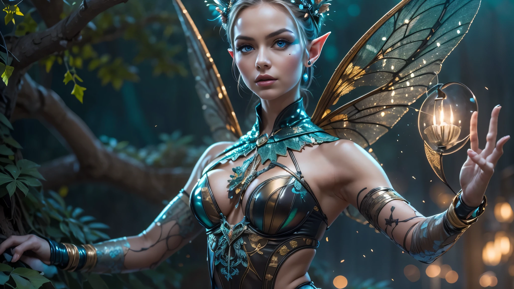 Beautiful faerie woman, elf ear, flying, hovering, floating, centered holographic dragonfly wings, balanced wings, glowing blue eyes, detailed realistic eyes, detailed proportional hand, manicured hands, detailed fingers, proportional fingers, proportional legs, proportional arms, proportional body, firm breast, silk tutu, magic glitter, oak tree forest, frank Frazzetta painting style, (Best Quality:1.4), (Ultra-detailed), (extremely detailed CG unified 8k wallpaper), Highly detailed, RAW Photos, Professional Photography, plein air, Illumination, (Super fancy photos:1.4), (Dazzling light), Radiant Photography, depth of fields,