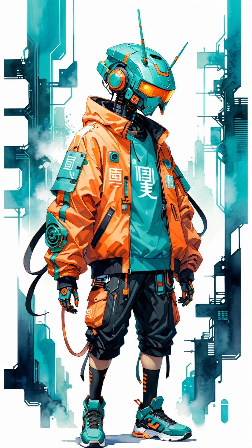 A captivating watercolor illustration featuring a futuristic robot character with a distinctly urban and streetwear-inspired aesthetic. The robot has a humanoid form, with a large, boxy head adorned with antennas and various mechanical details that give it a high-tech look. The robot's attire is predominantly in shades of teal and orange, featuring a stylish outfit that includes an oversized jacket, shorts, and large sneakers, all adorned with intricate designs, graphic elements, kanji characters, and various logos. The outfit's bold colors and patterns reflect a blend of futuristic and traditional influences. The robot's relaxed, casual stance exudes a cool, confident demeanor. The background is a subtle off-white with faint text and design elements reminiscent of a futuristic cityscape or digital interface, providing context without detracting, illustration, painting, conceptual art, ukiyo-e