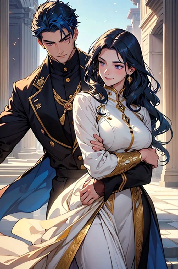 Book Cover: A young man of imposing stature graces the cover, his golden eyes captivating and his navy-blue hair reflecting passion and mystery. His presence is magnetic, adorned in elegant attire, and a captivating smile adds a special touch. By his side, a young woman of transcendental beauty with long, wavy golden-brown hair and deep violet eyes radiating natural luminosity. Her warm smile and graceful movements give her a presence that is simultaneously delicate and captivating. The image captures the elegance and intensity of an engaging romance. He had his arm around her waist, ensuring that his beloved wouldn't slip away.